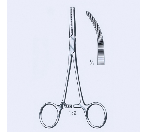 Щипці гемостатичні Crile, вигнуті, 1x2 зубці, 14 см